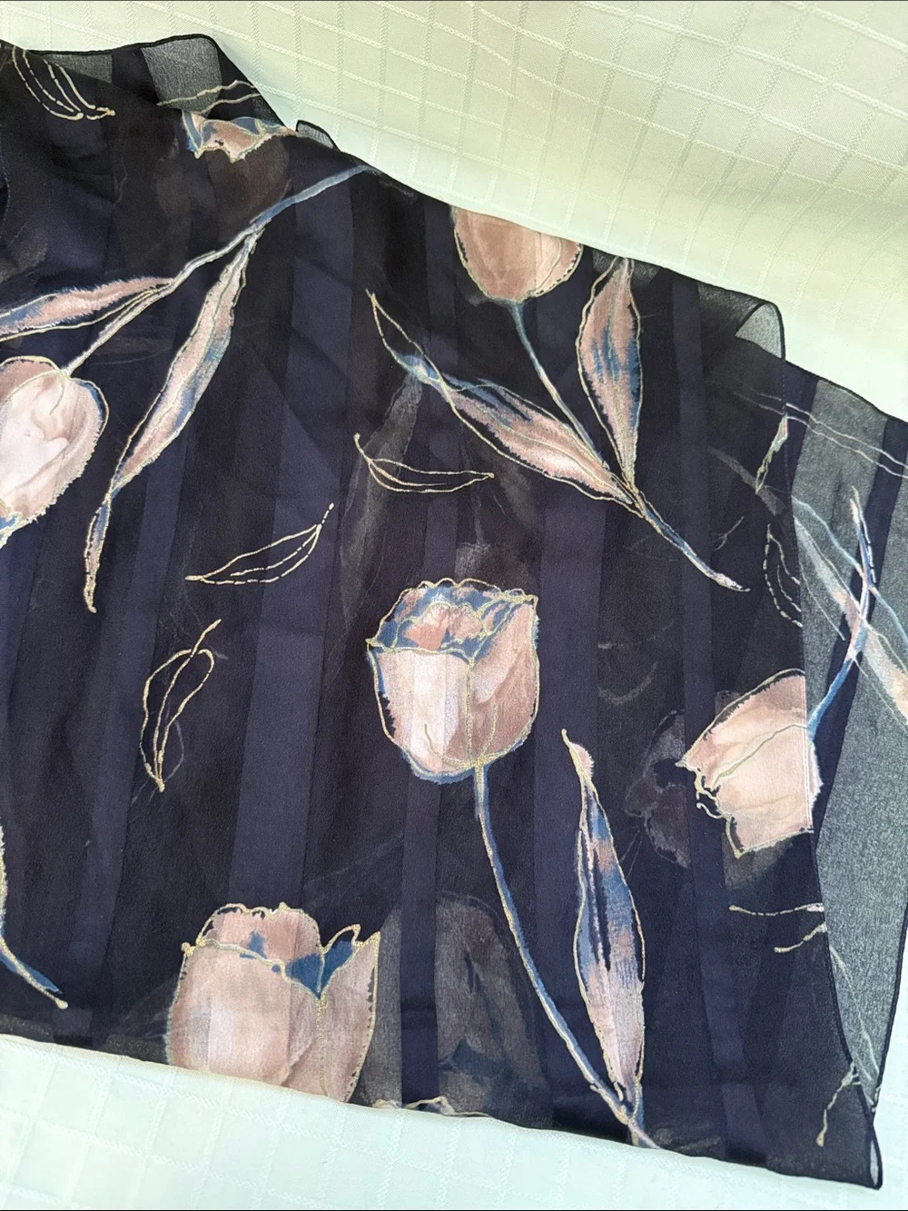 Vintage Floral Sheer Black Scarf with Tan hand painted tulips